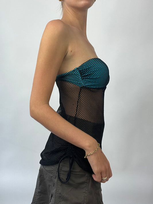 BRAT GIRL SUMMER DROP | small blue bandeau top with black mesh overlay