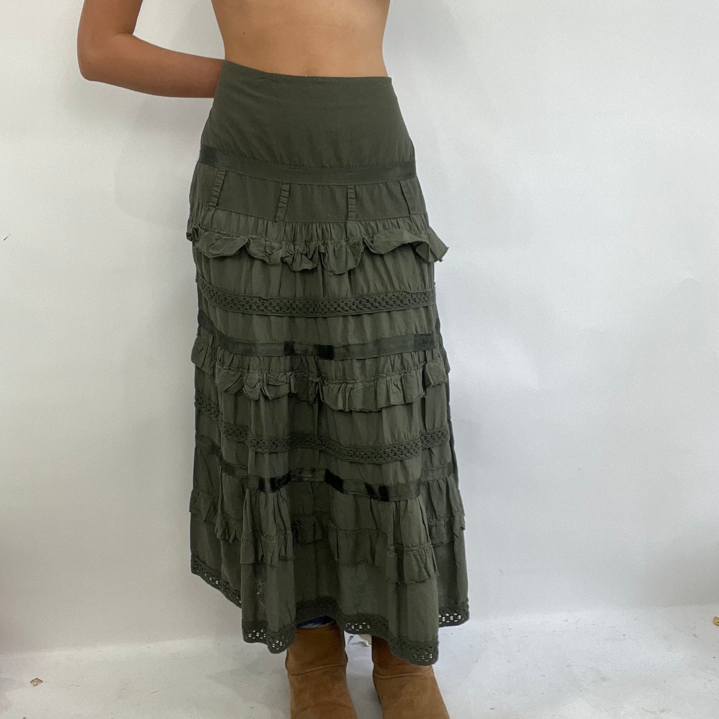 COACHELLA DROP | medium khaki maxi flowy skirt with ruffle detail