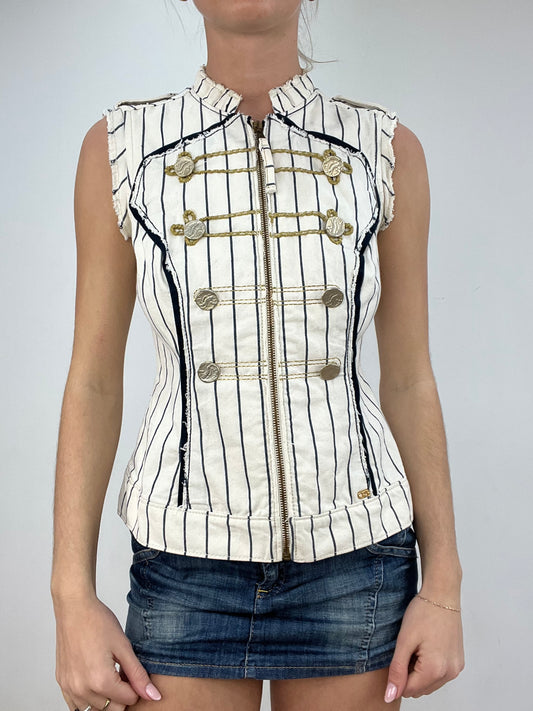 vintage edit six | medium white and navy striped miss sixty gillet