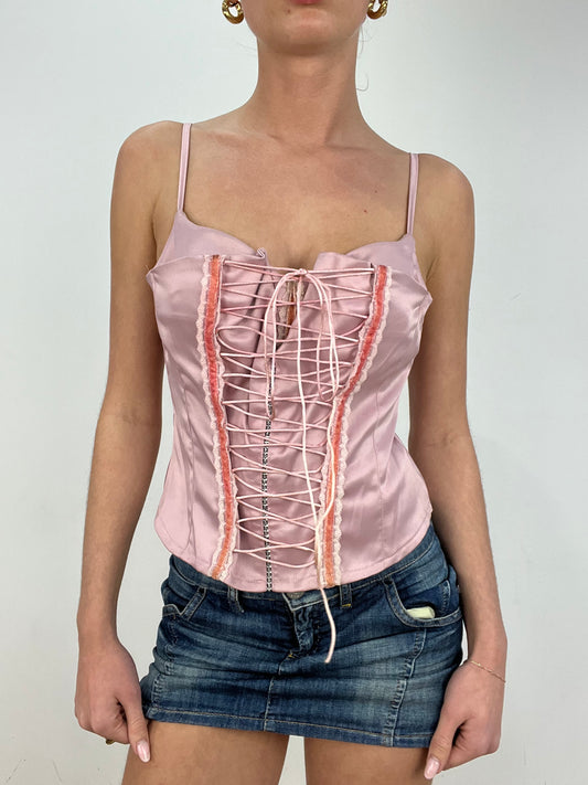 vintage edit: date night | small baby pink satin style corset top