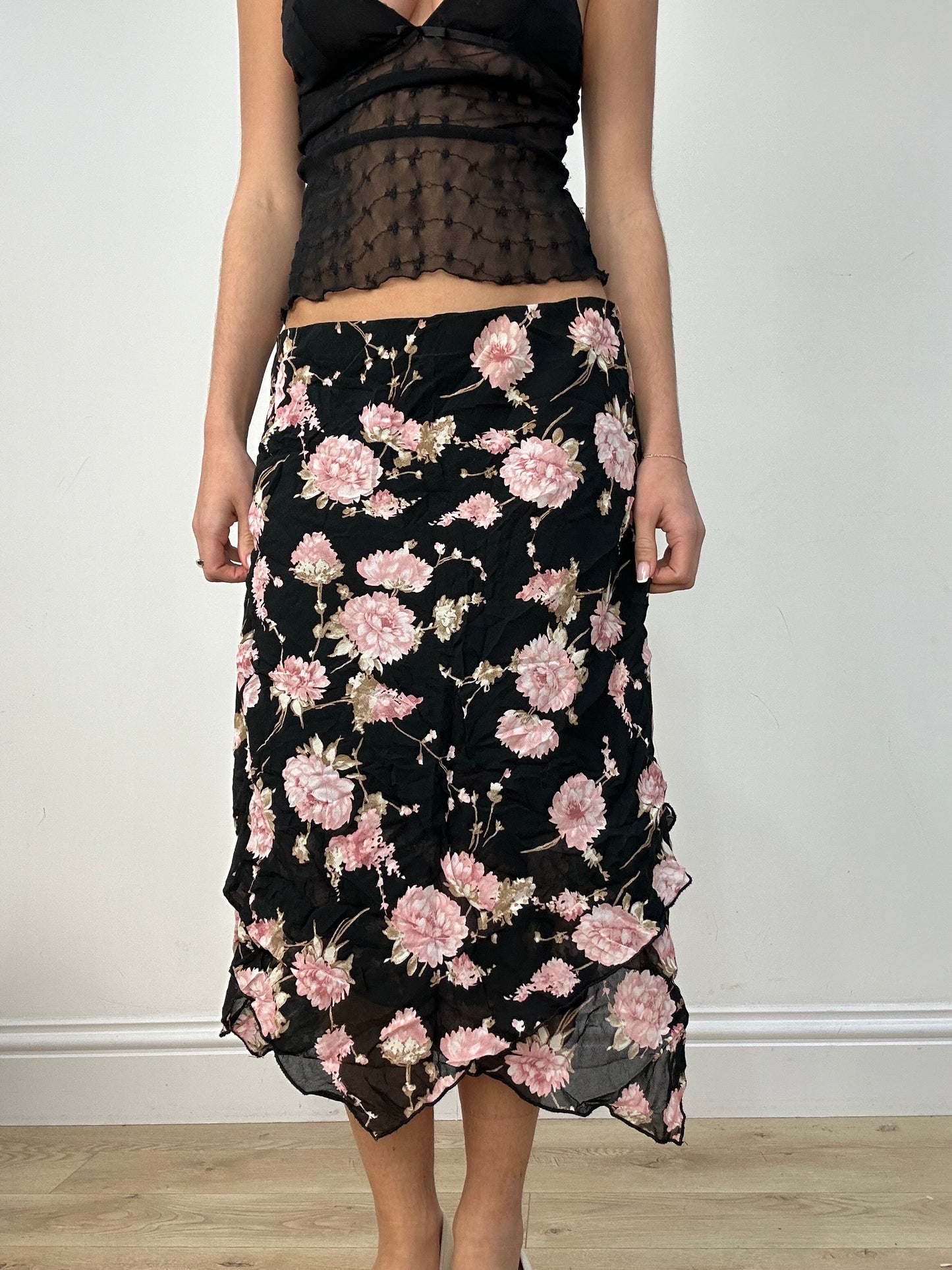 BEST PICKS | medium black and pink floral midi skirt