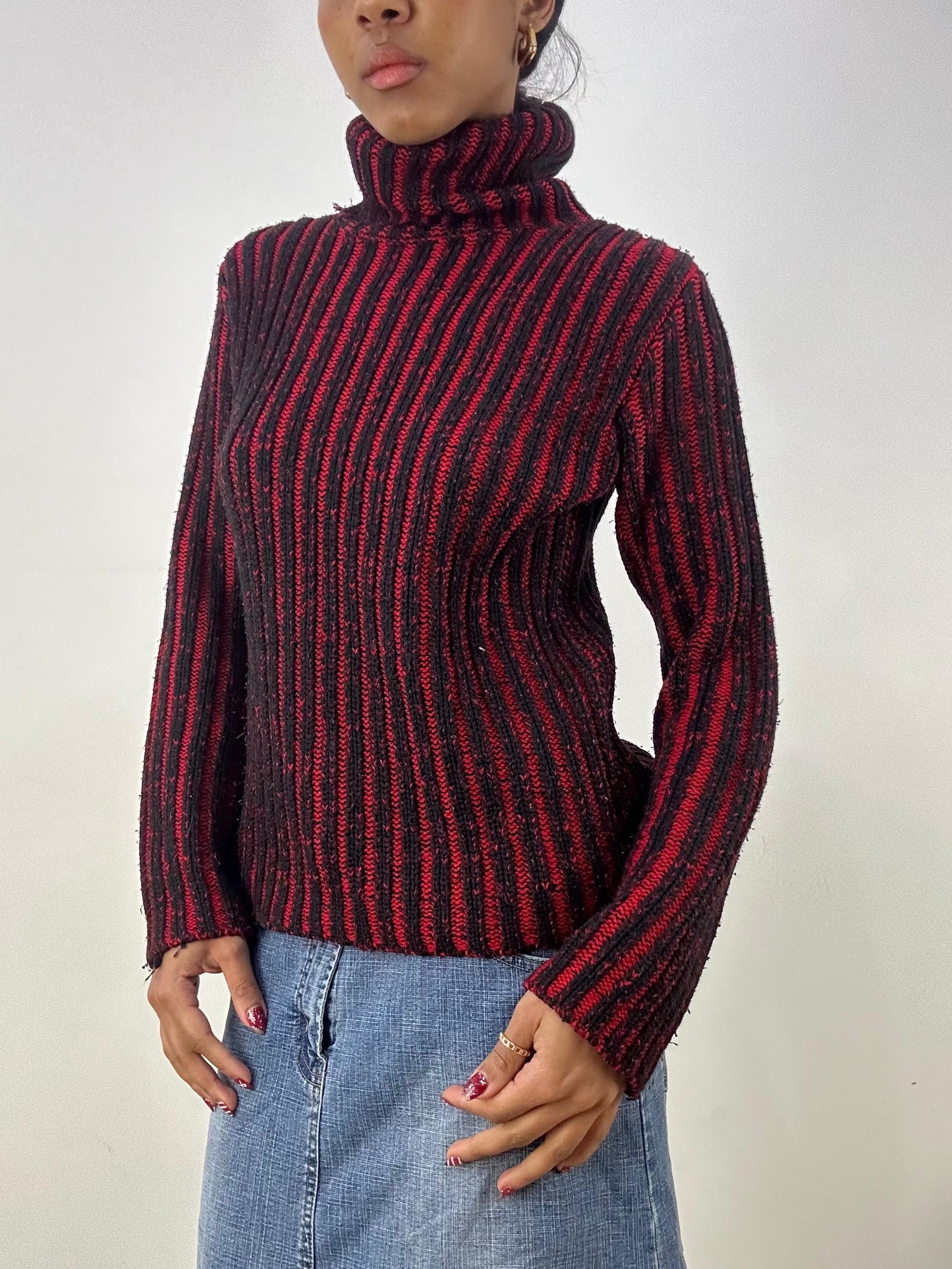 vintage edit six | small red and black ribbed roll neck jumper