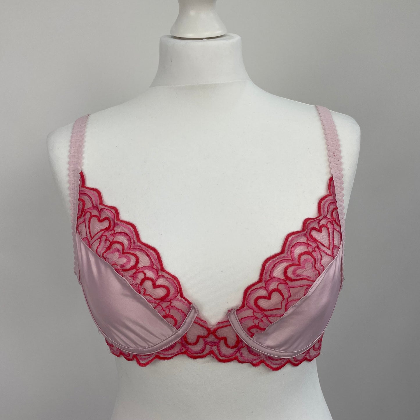 COASTAL GRANDMA DROP  small pink satin bra with heart lace detail