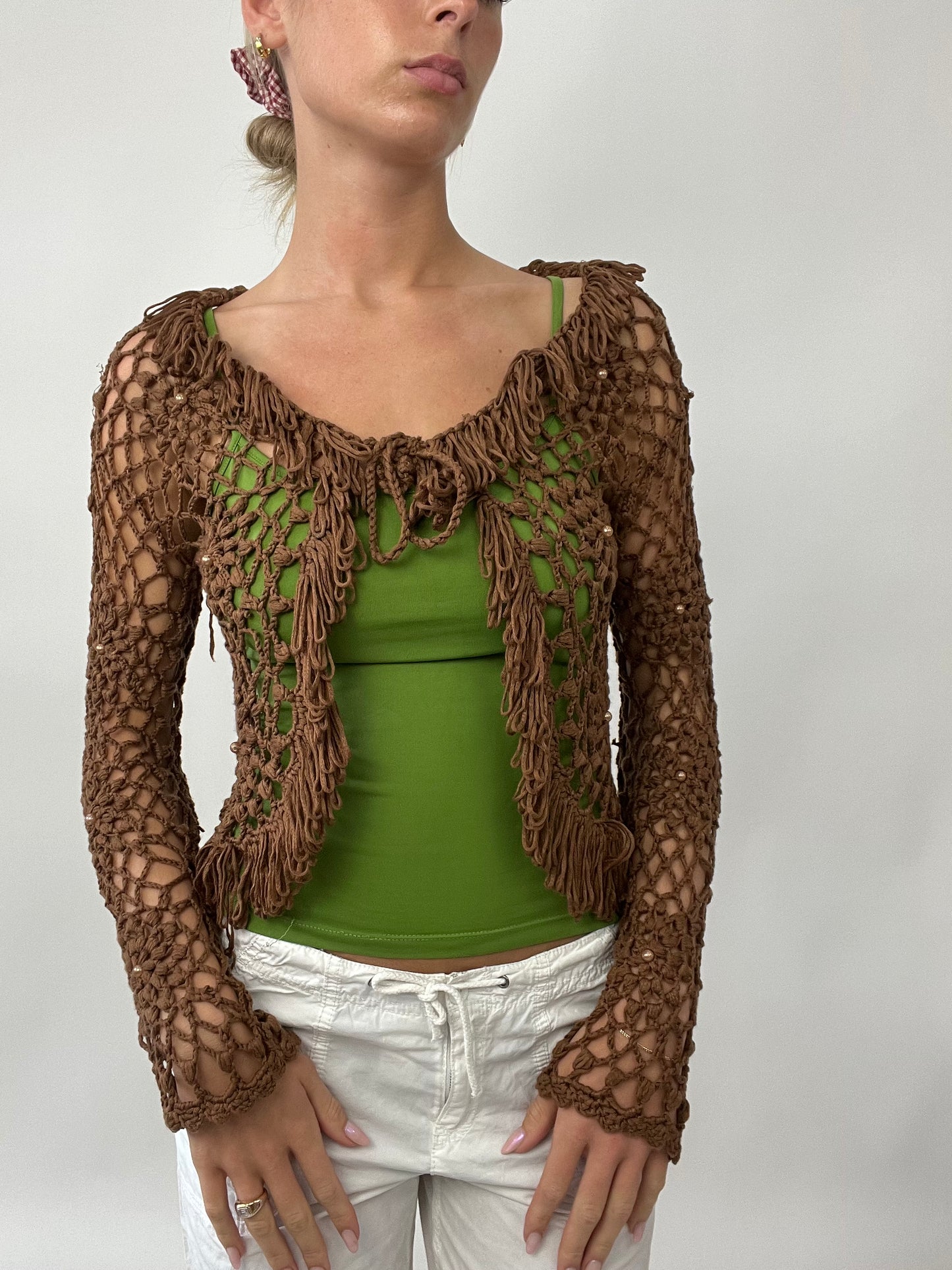PUB GARDEN DROP | small brown crochet cardigan with frill detail