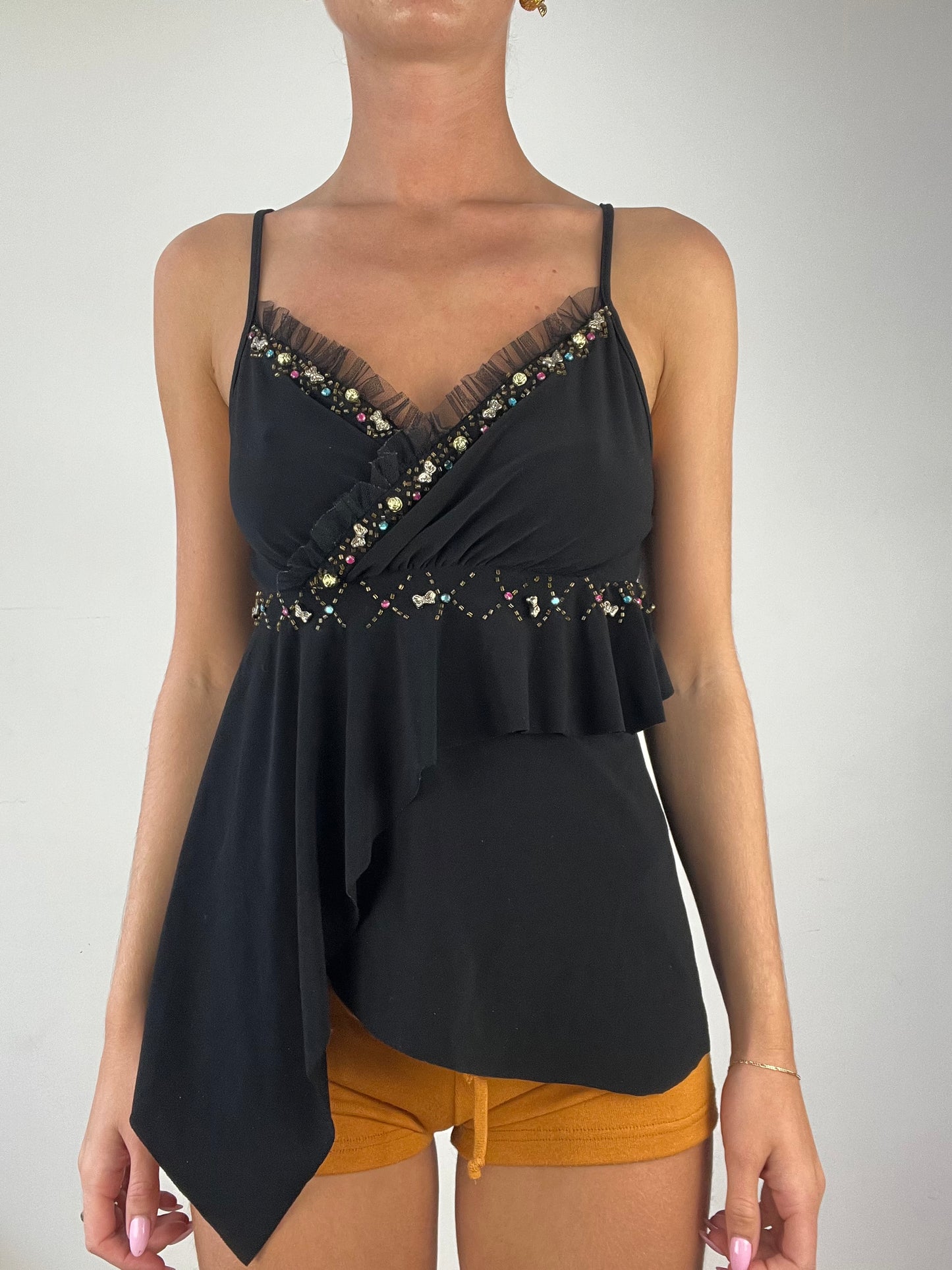 💻 DINNER PARTY | small black beaded flowy cami top