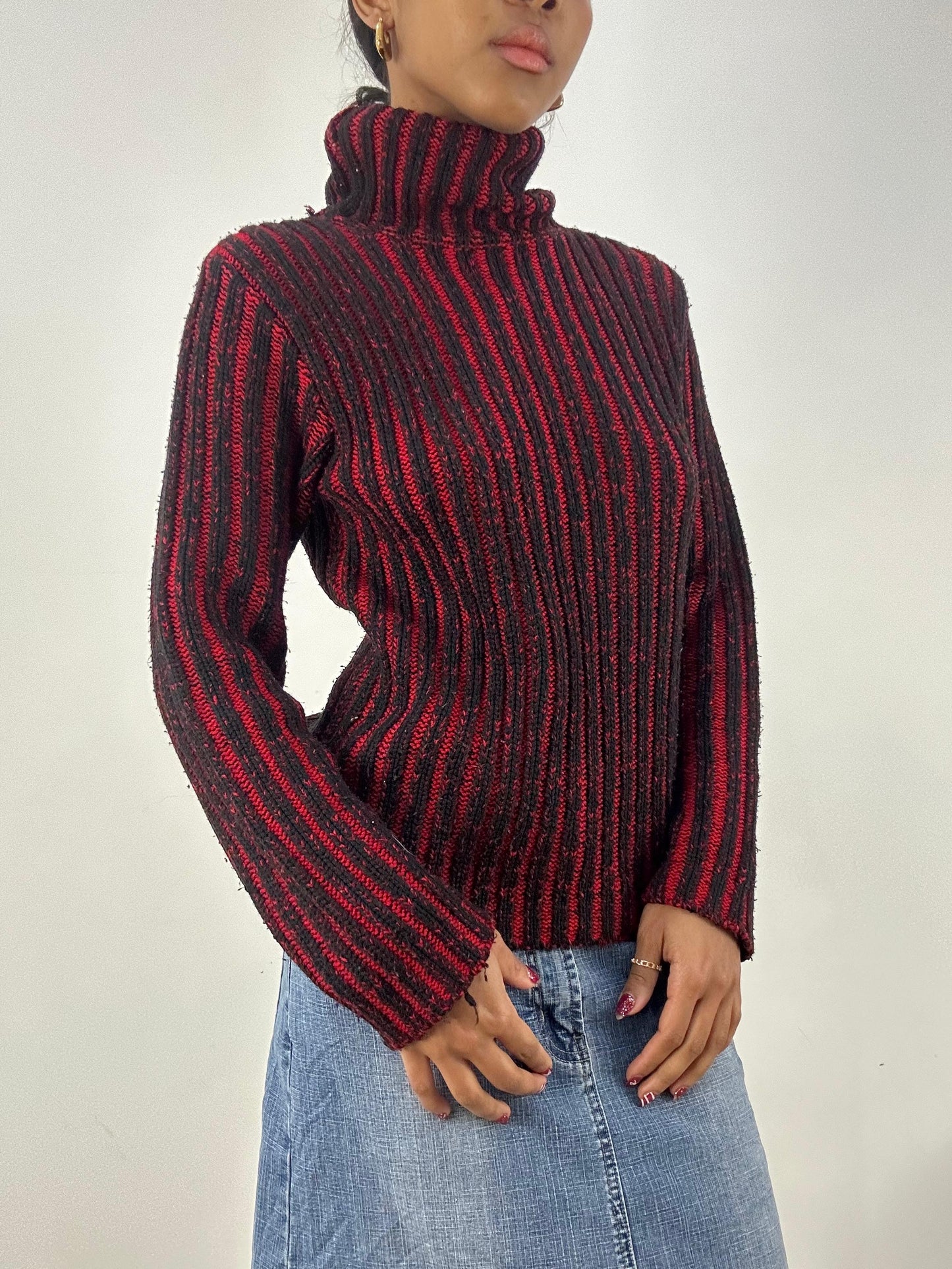 vintage edit six | small red and black ribbed roll neck jumper