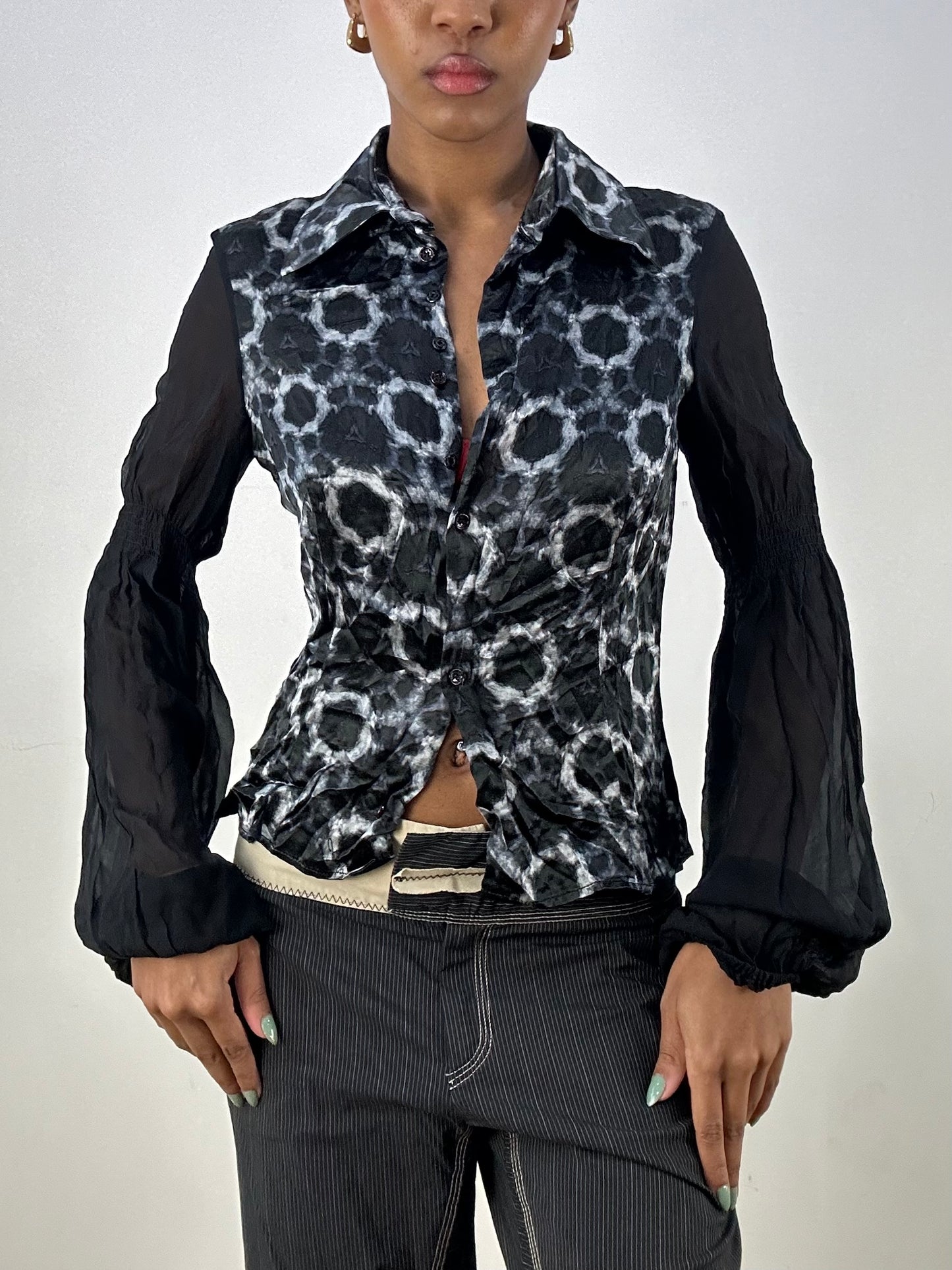 vintage edit: office siren | small black and grey silk blouse