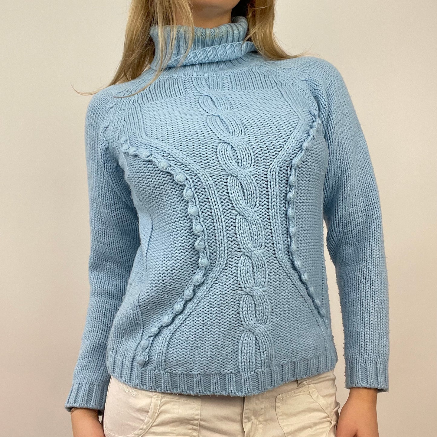 ETHEREAL GIRL DROP | small blue cable knit roll neck jumper