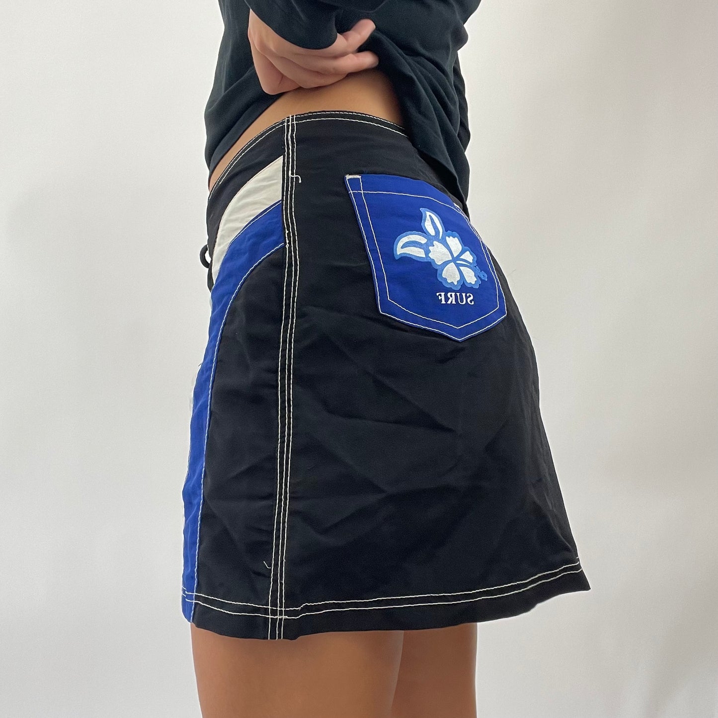 AMELIA GRAY DROP | small black lace up skirt with blue and white panels