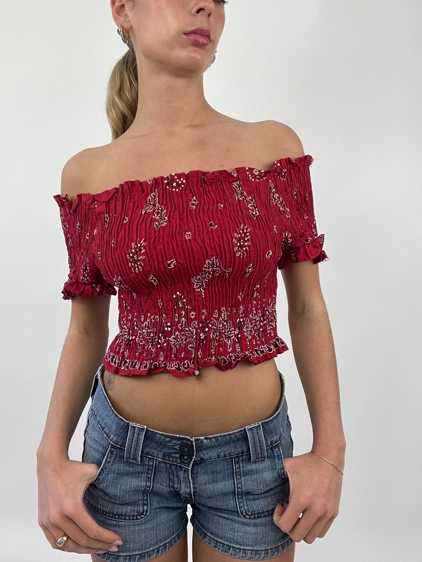 COASTAL COWGIRL DROP | small red ruched off the shoulder top with paisley print