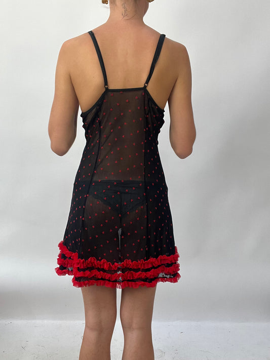 BRAT GIRL SUMMER DROP | small black sheer dress with red hearts and ruffles