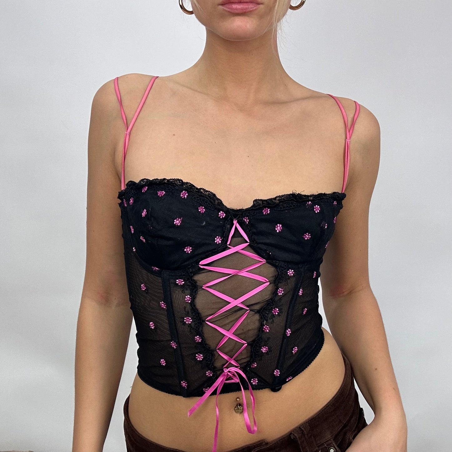 💻 SUMMER ‘IT GIRL’ DROP | xs black lace up front corset with purple pink broderie details
