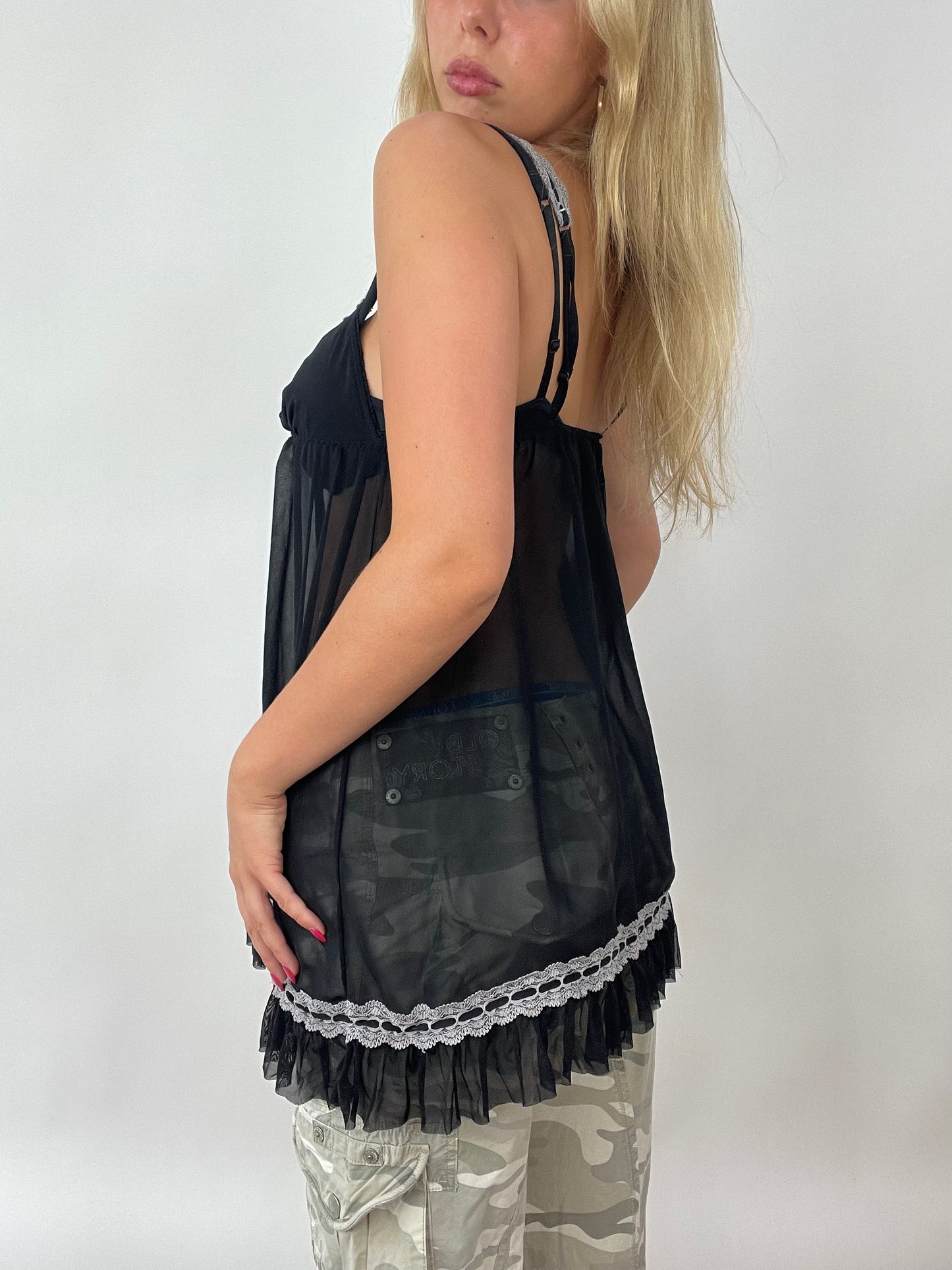 CITY BREAK DROP | small black mesh babydoll style dress