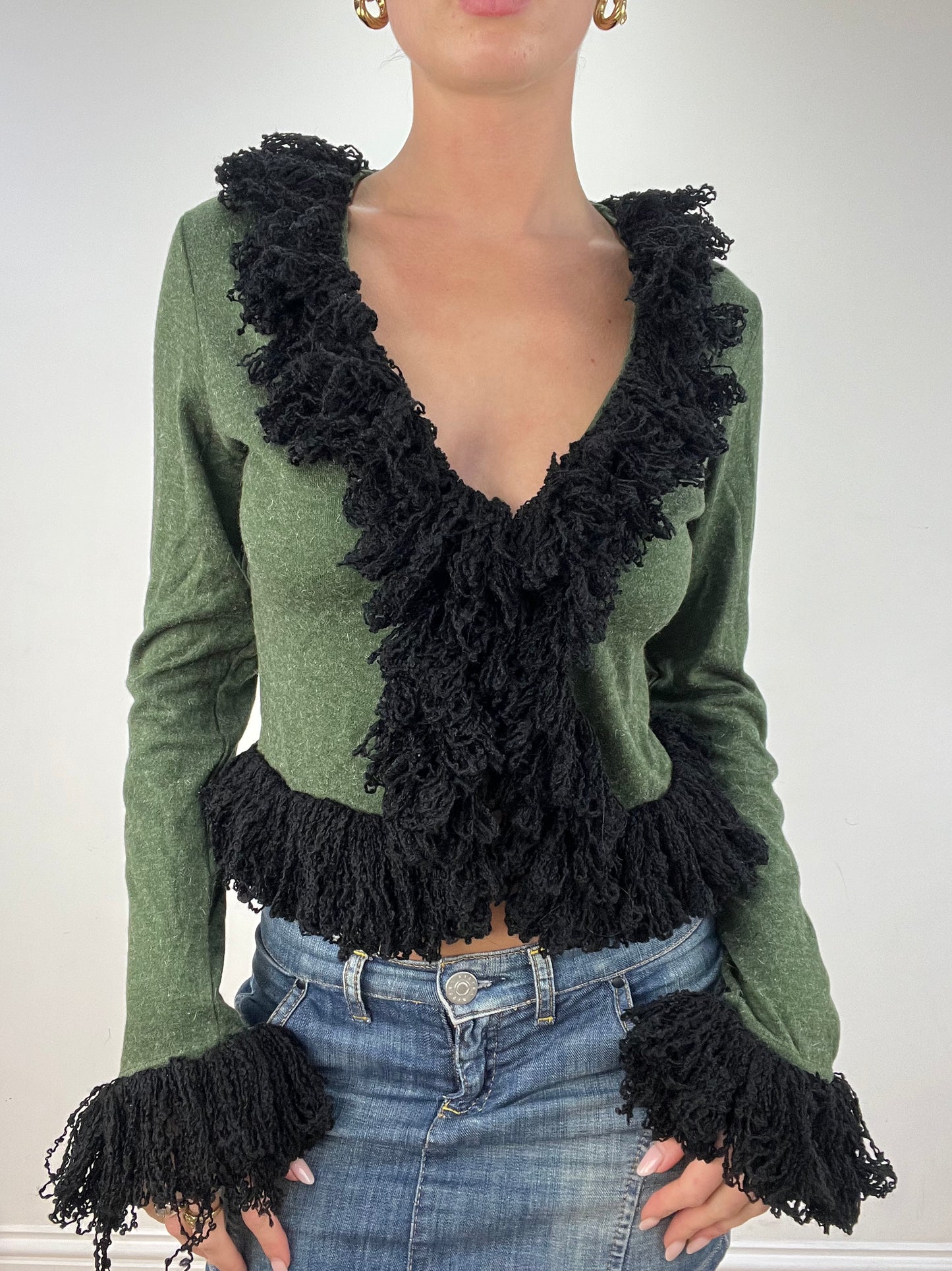 vintage edit nine: part two | small green and black long sleeved top with frill hem