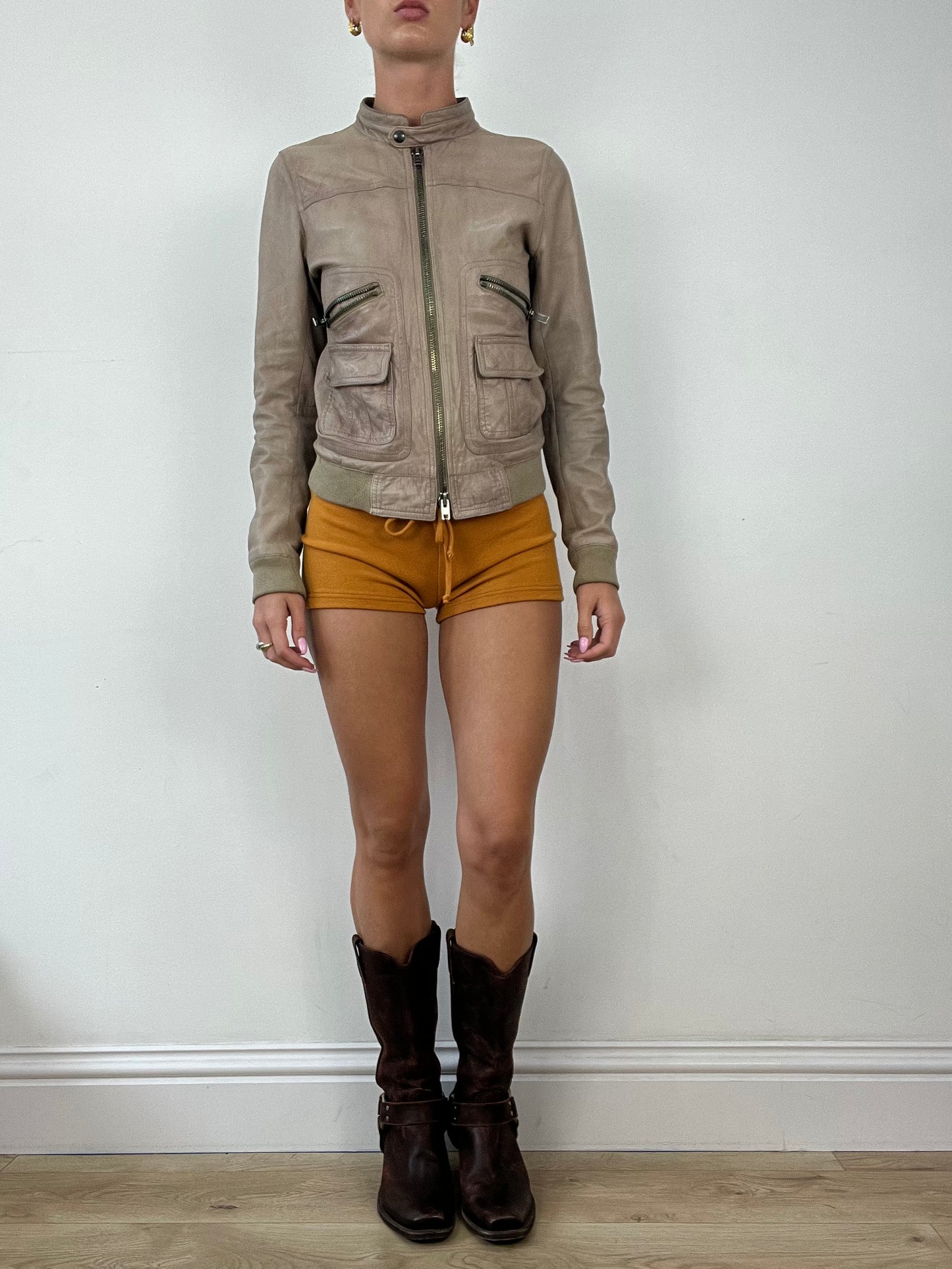 DINNER PARTY | small beige faux leather biker jacket