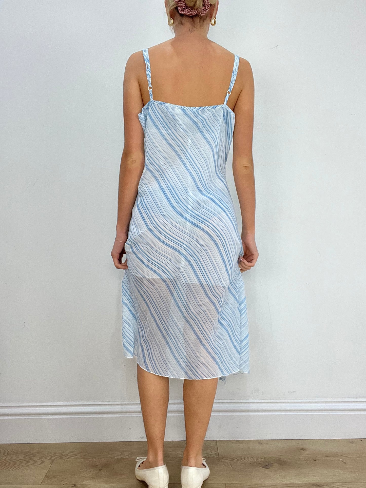 vintage edit five | large white and blue striped maxi dress