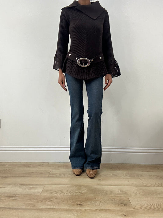 HIPPY CHIC DROP | medium brown knitted jumper with silver belt