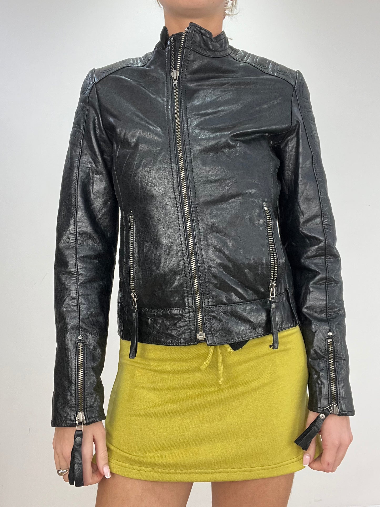 vintage edit five | small black leather zip up biker jacket