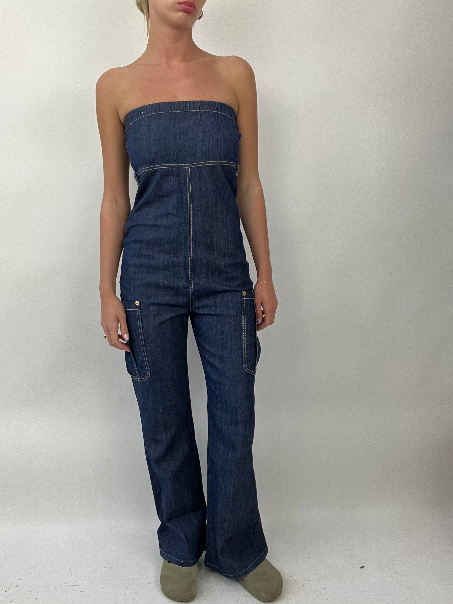 COASTAL COWGIRL DROP | xsmall dark wash denim bandeau jump suit