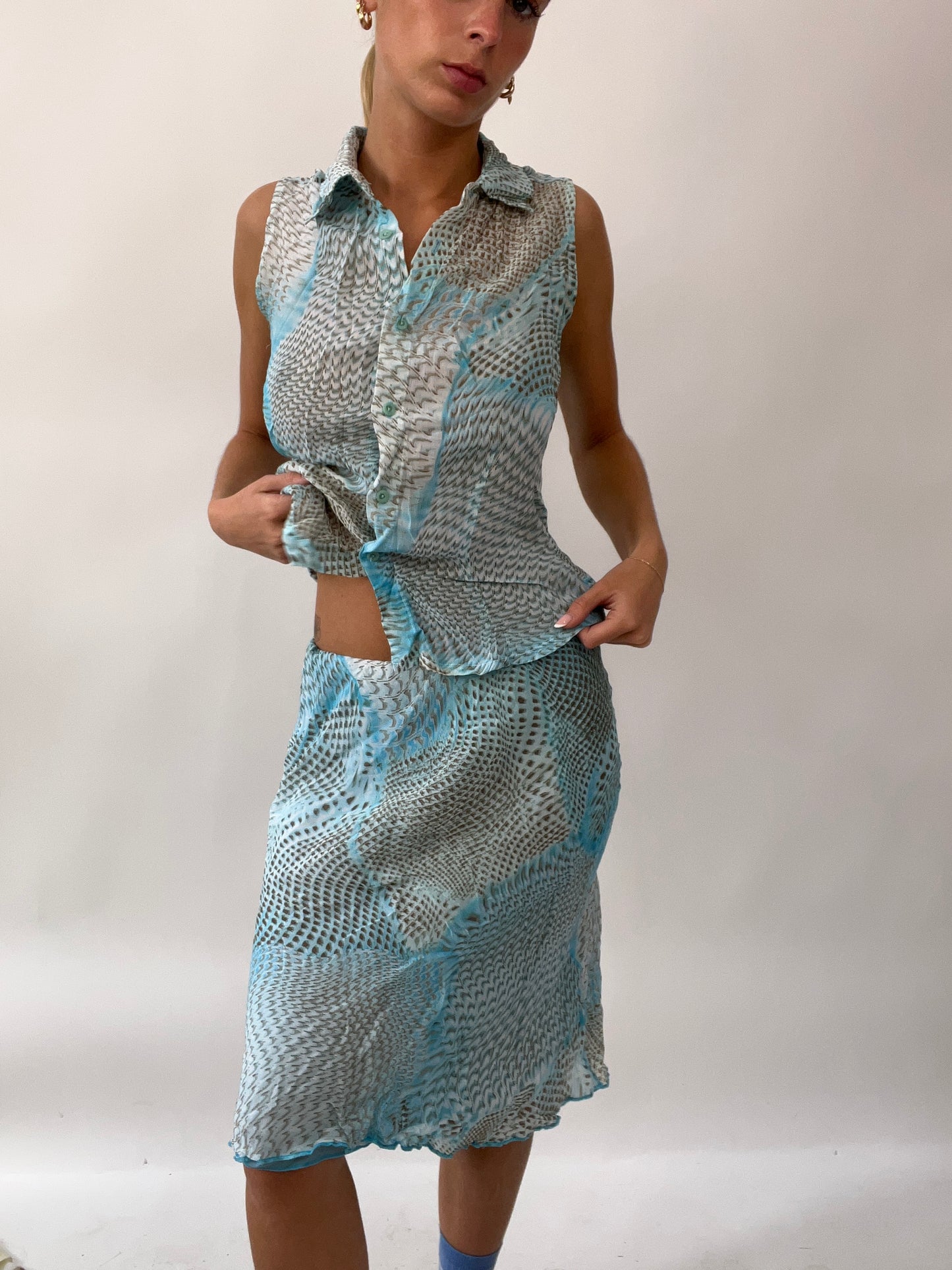 GIRLS TRIP DROP | small blue and grey sheer set with maxi skirt and blouse
