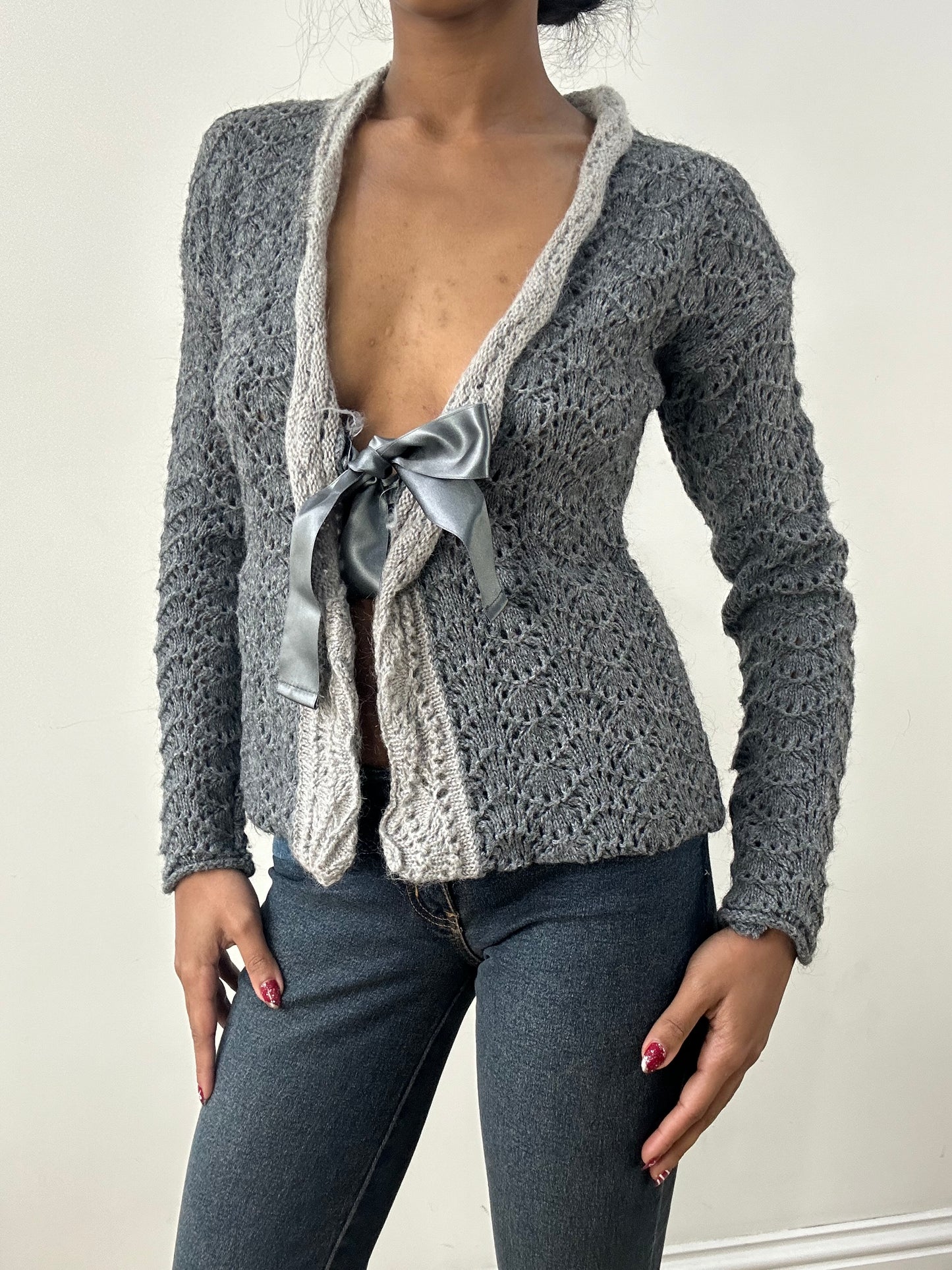 HIPPY CHIC DROP | medium grey knitted tie front cardigan