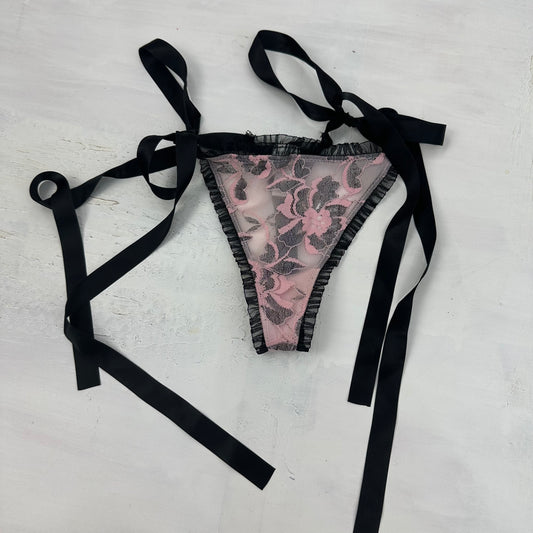 ADDISON RAE DROP | small black and pink lace underwear with bow side ties