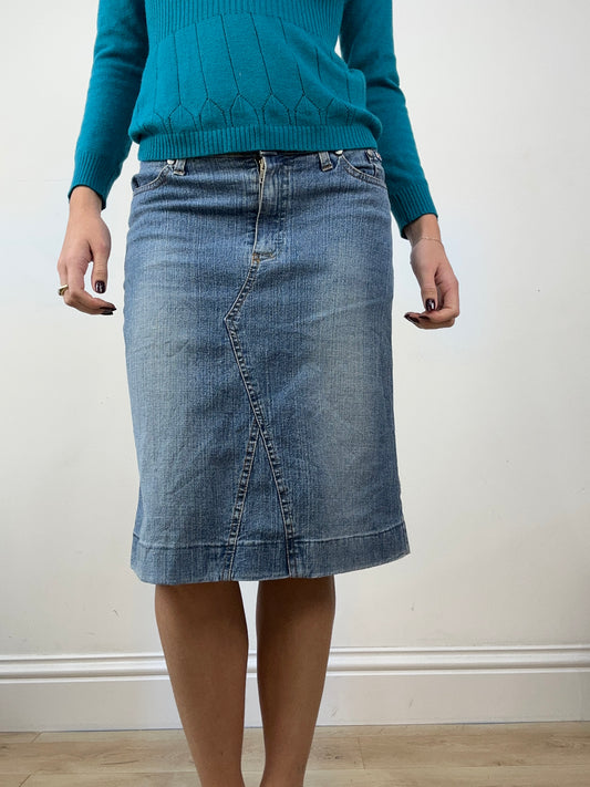 🪡GILMORE GIRLS | small dark wash denim midi skirt