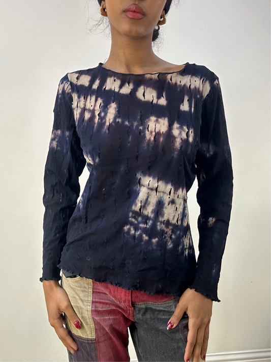 💻HIPPY CHIC DROP | small dark blue tie dye off shoulder long sleeve top