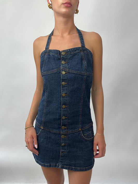 BRAT GIRL SUMMER DROP | small dark wash denim halterneck dress