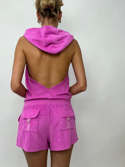 FRUITY DROP | medium pink halterneck velour playsuit