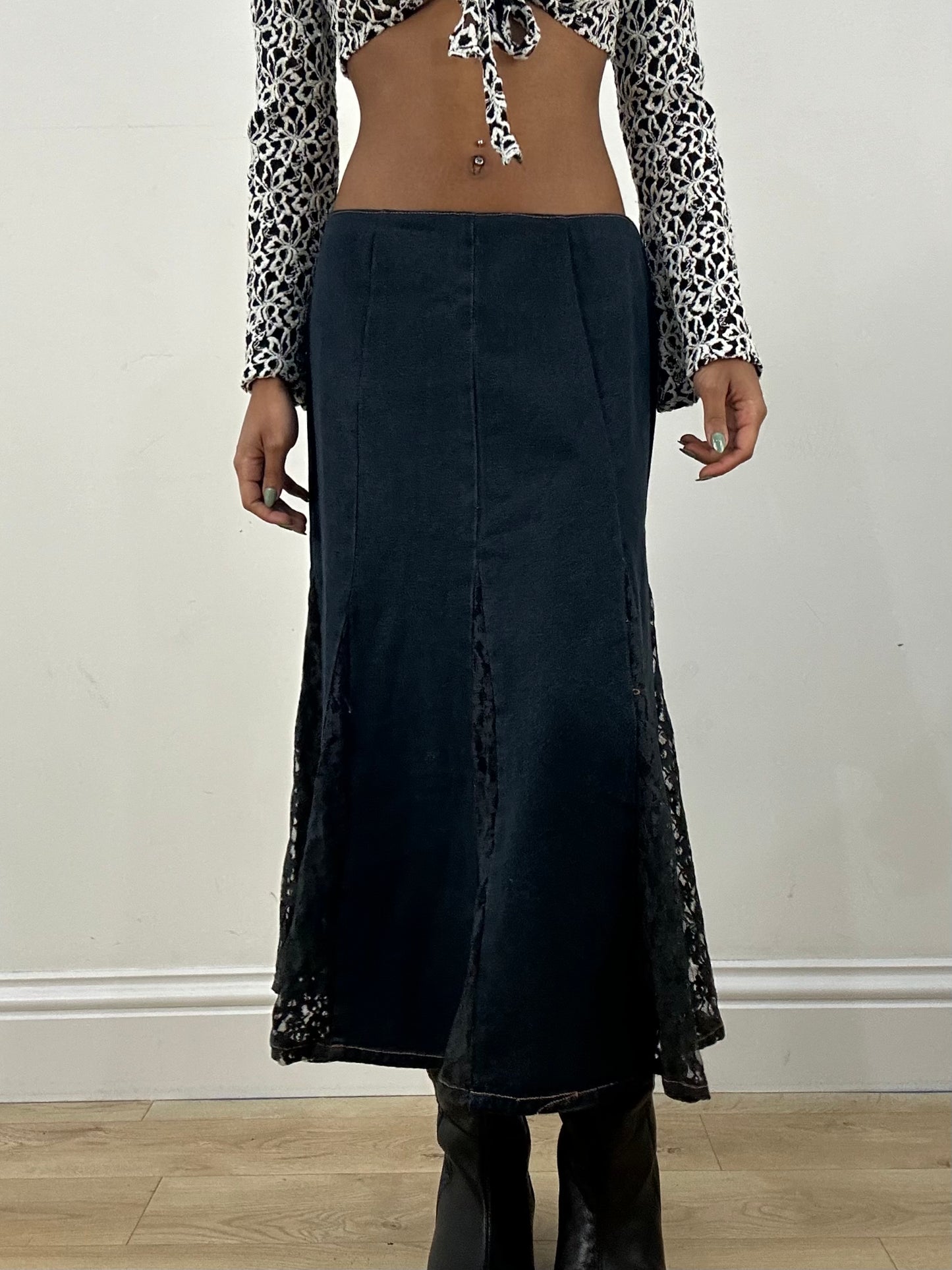 vintage edit: office siren | small blue denim and lace maxi skirt