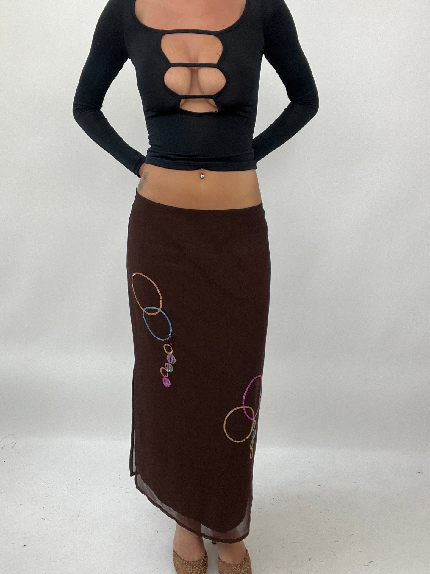 PALM BEACH DROP | medium brown maxi skirt with sequin detail