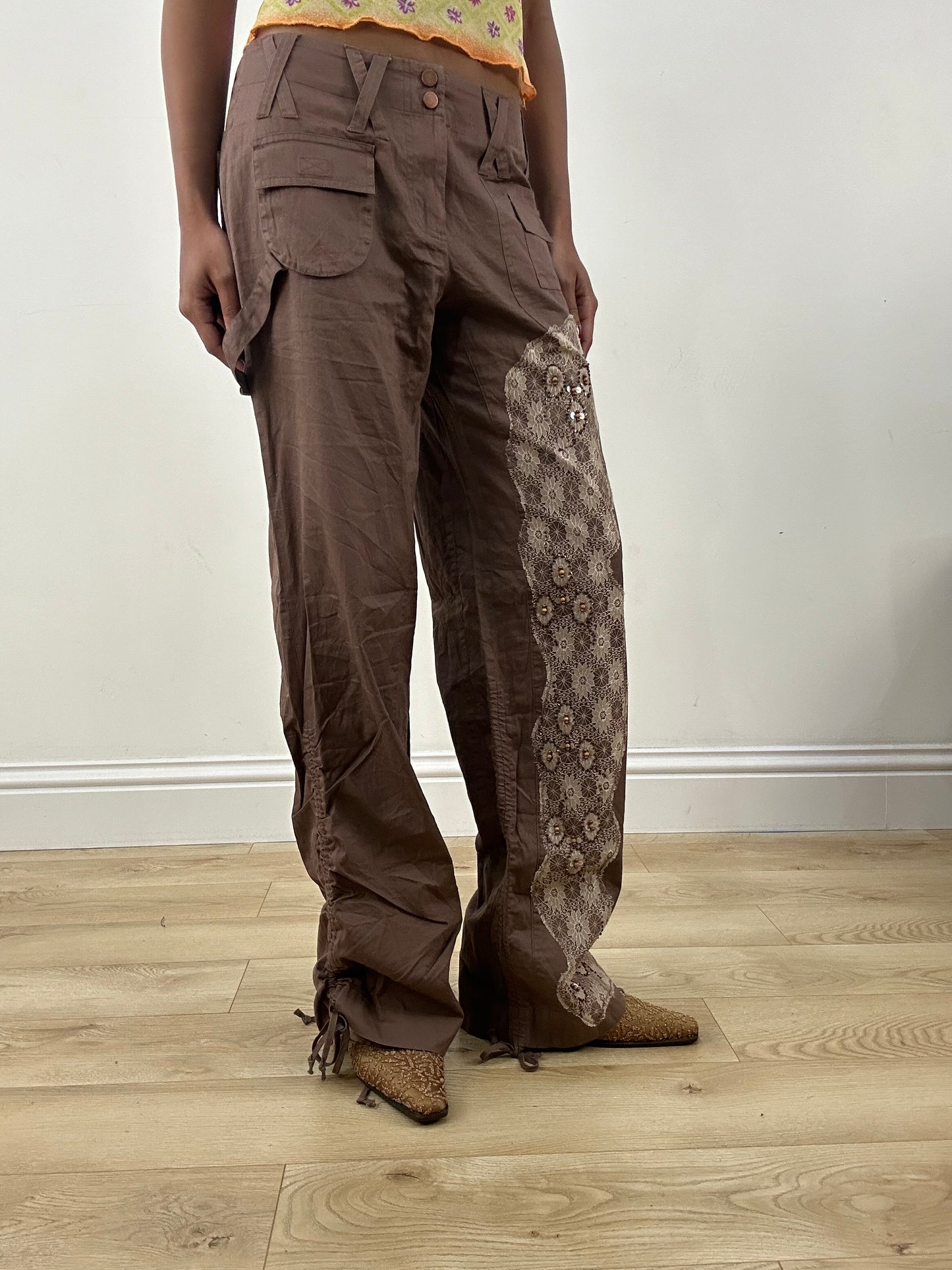 HIPPY CHIC DROP | small brown embroidered beaded cargo trousers