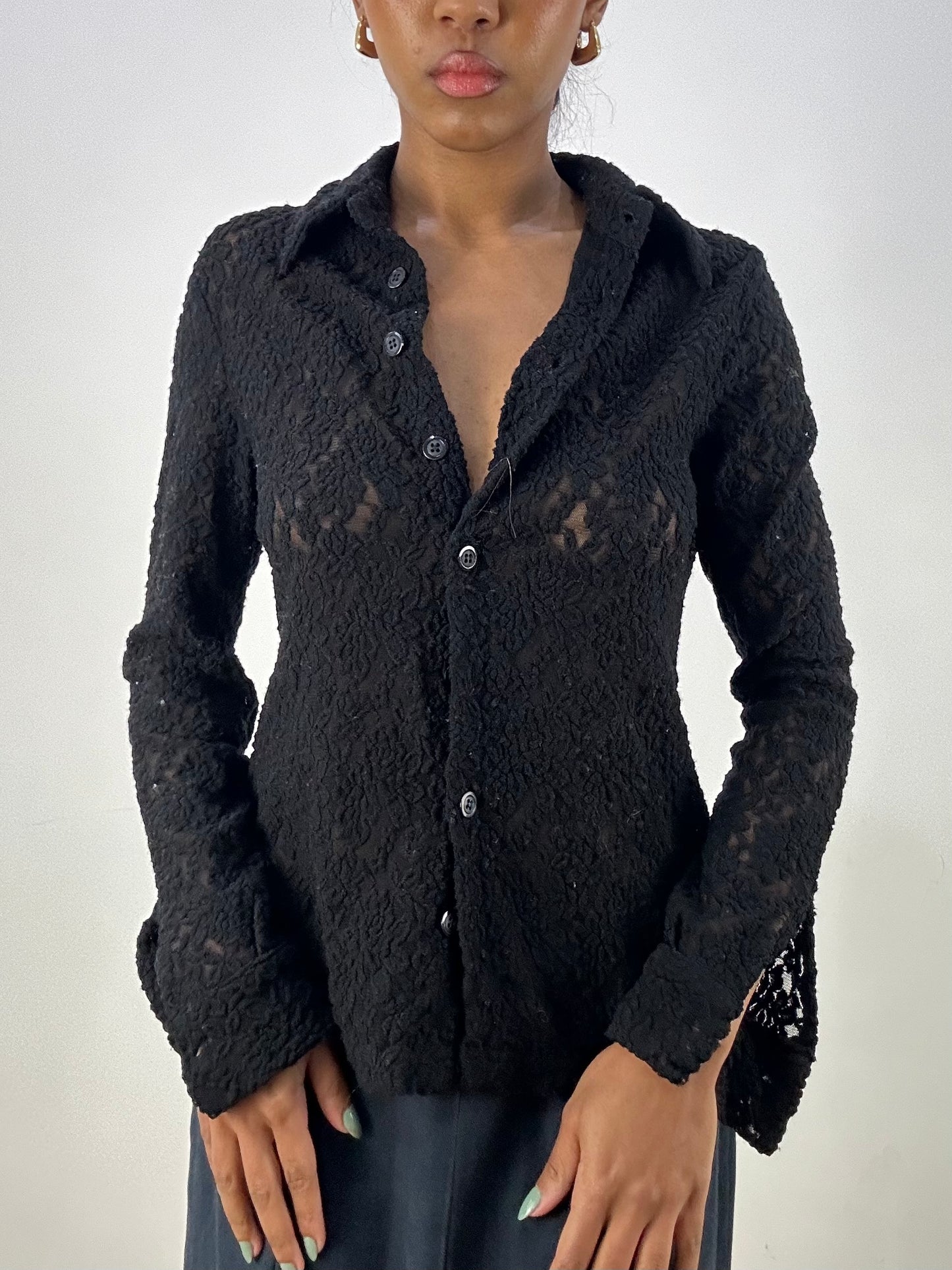 vintage edit: office siren | small black lacy button up shirt