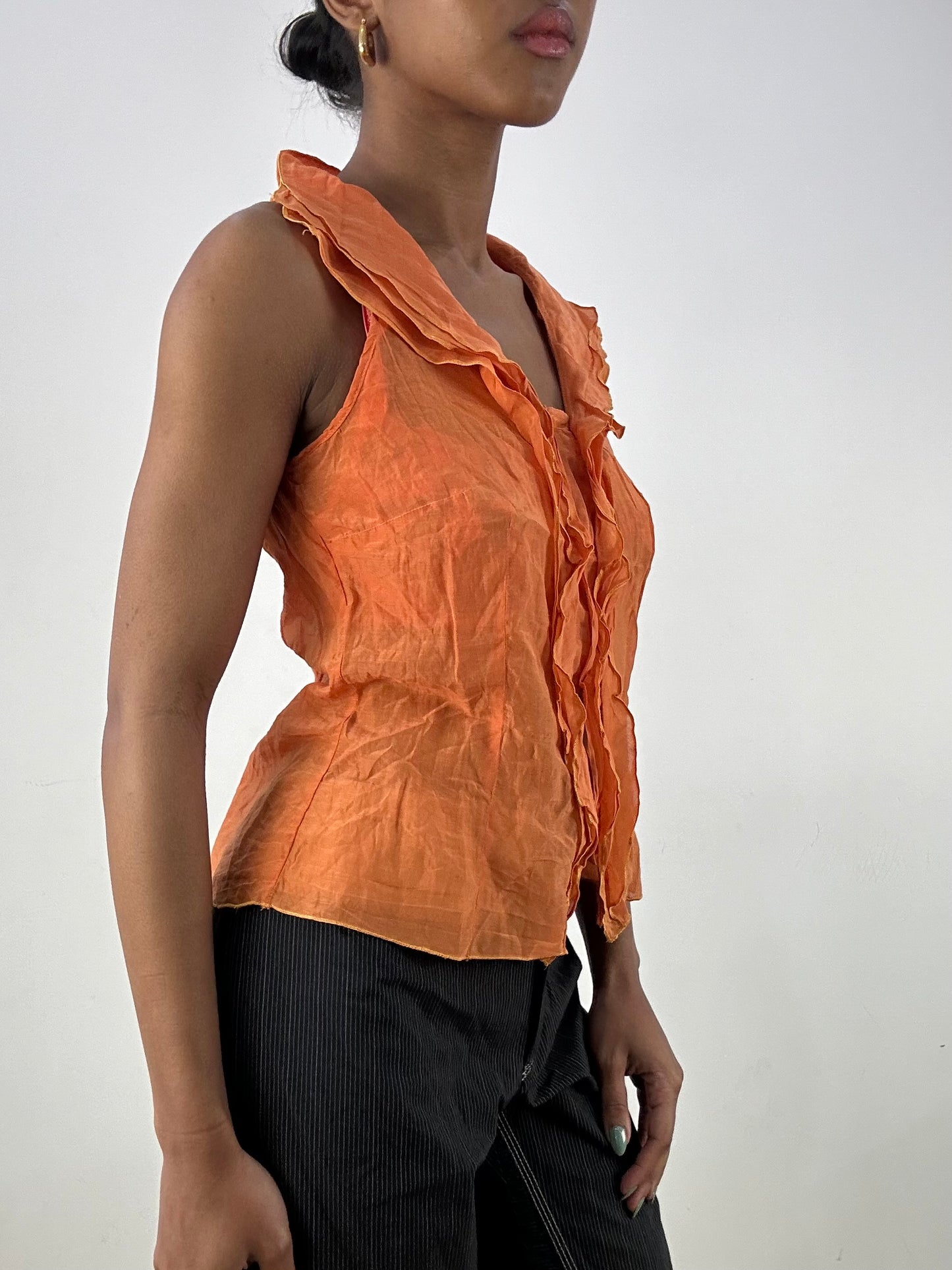 vintage edit: office siren | small orange mesh ruffle top