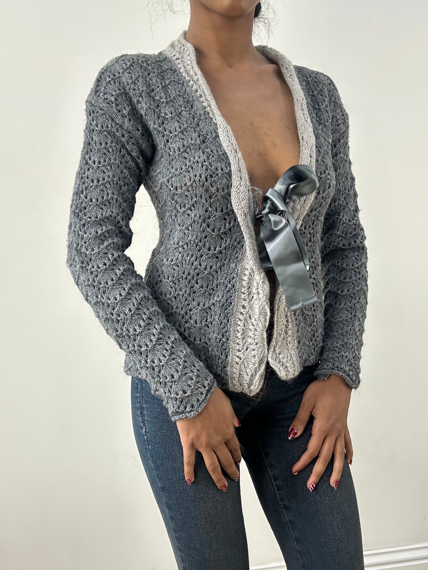 HIPPY CHIC DROP | medium grey knitted tie front cardigan