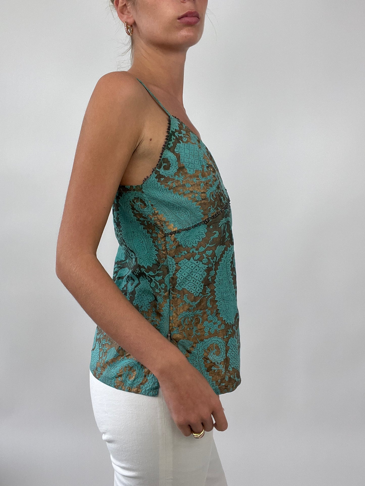 PALM BEACH DROP | small blue cami with brown paisley pattern