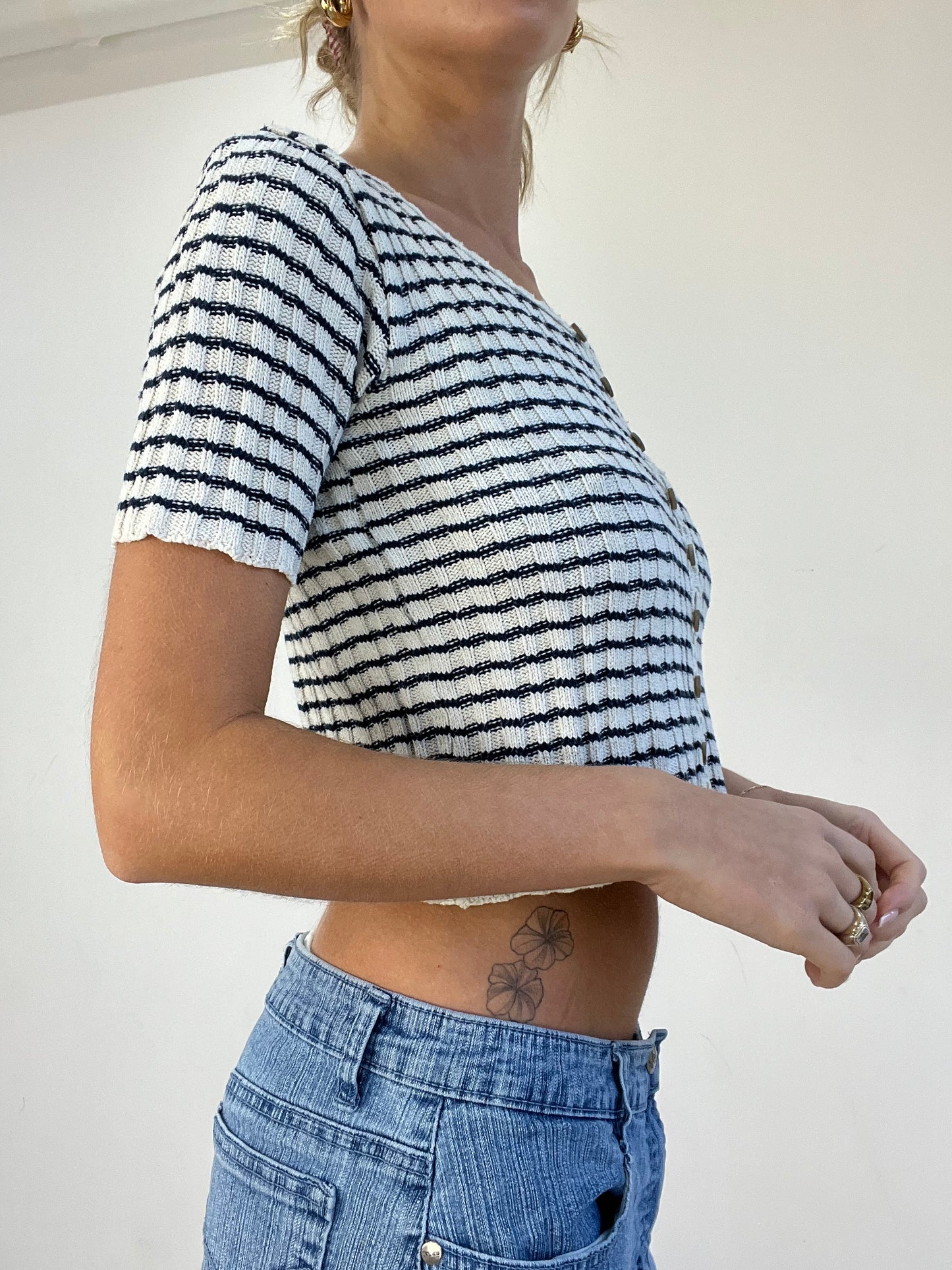 WINTER TRENDS | medium white and navy striped crochet top