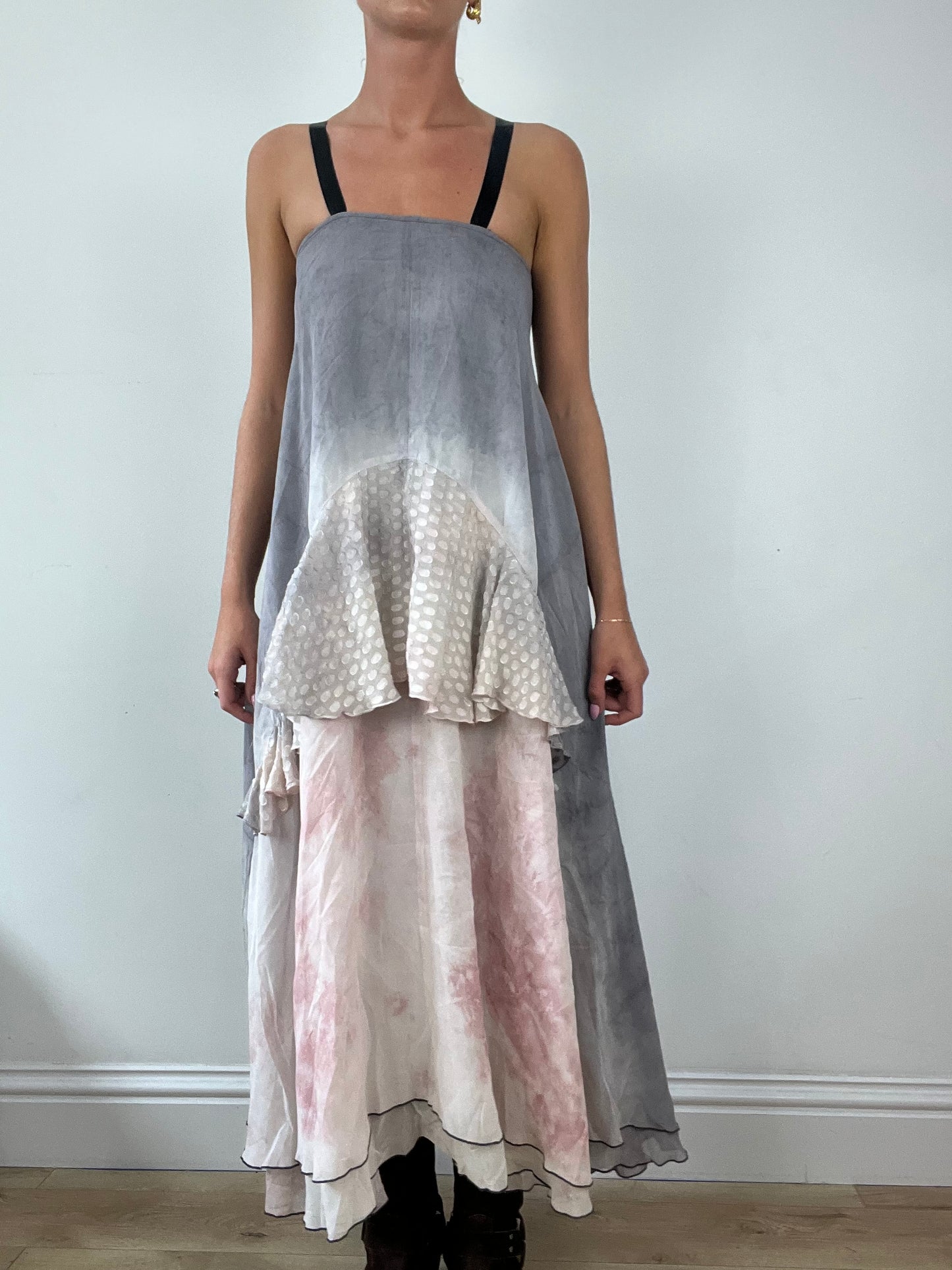 DINNER PARTY | medium pink and grey layered maxi skirt