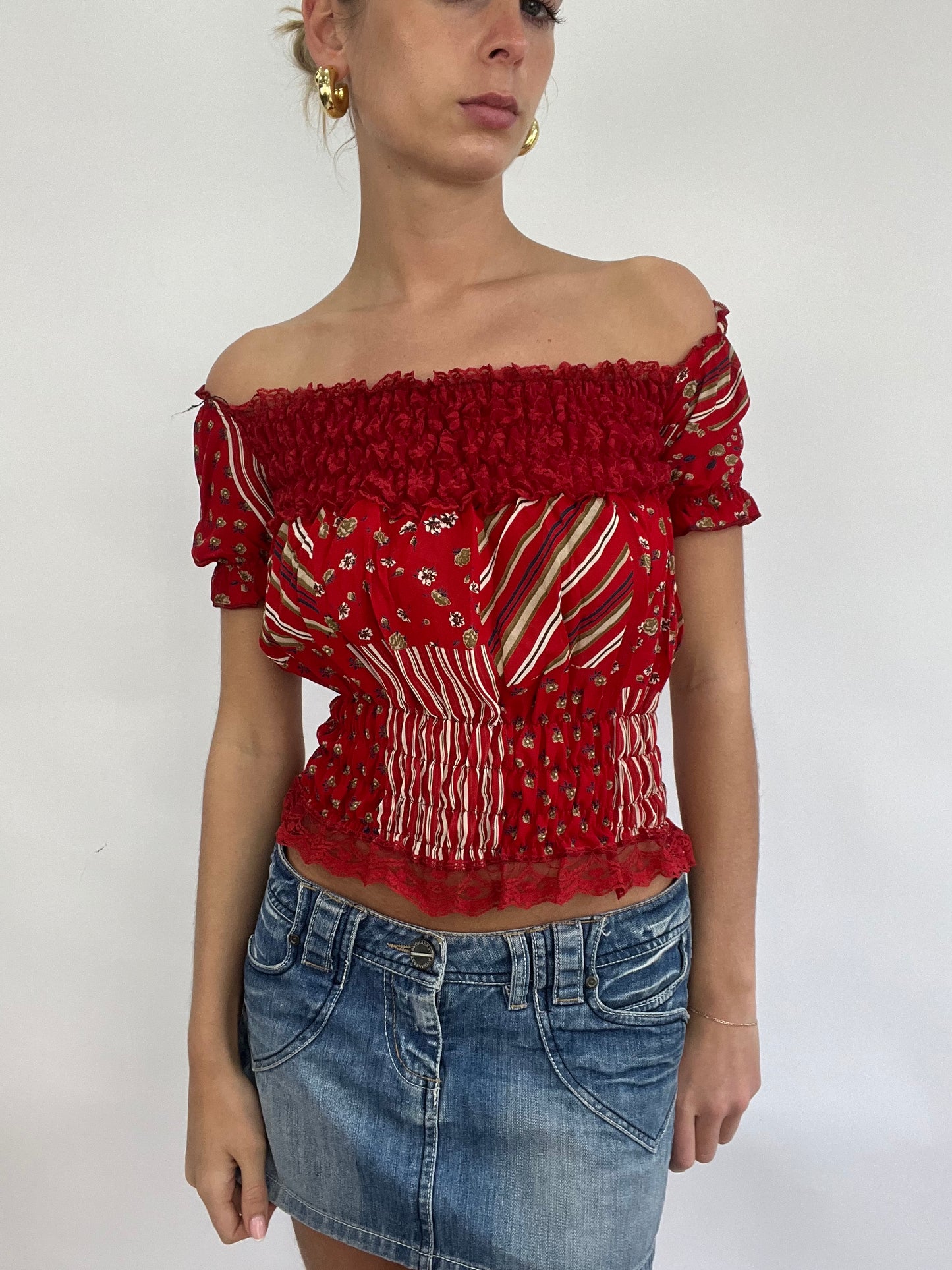 💻COACHELLA DROP | small red sheer off the shoulder top with white abstract floral pattern