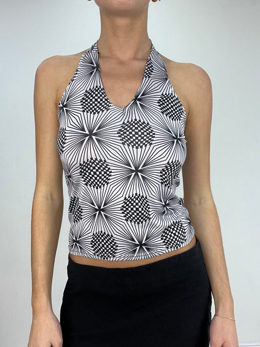 vintage edit five | small black and white checkered circle print halterneck