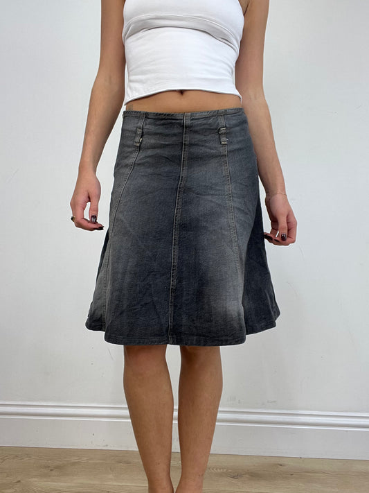 vintage drop 1 | small dark wash black and grey denim midi skirt