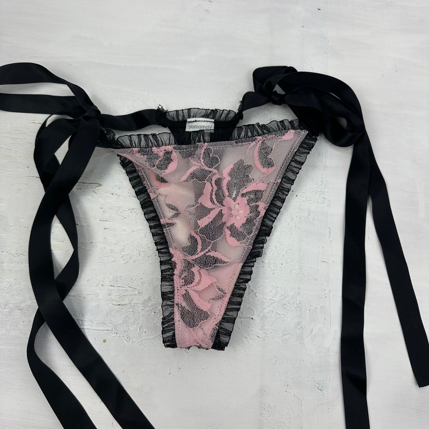 ADDISON RAE DROP | small black and pink lace underwear with bow side ties