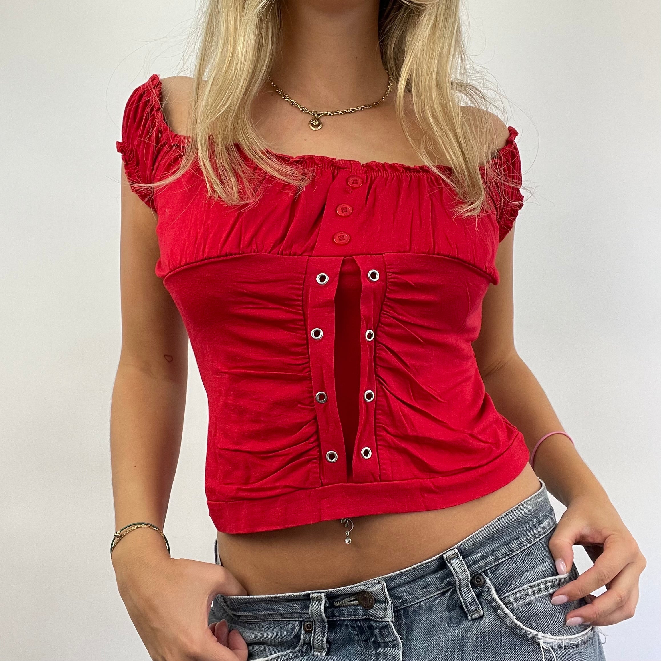 GRUNGE COQUETTE DROP  small red ruched milkmaid top – remass
