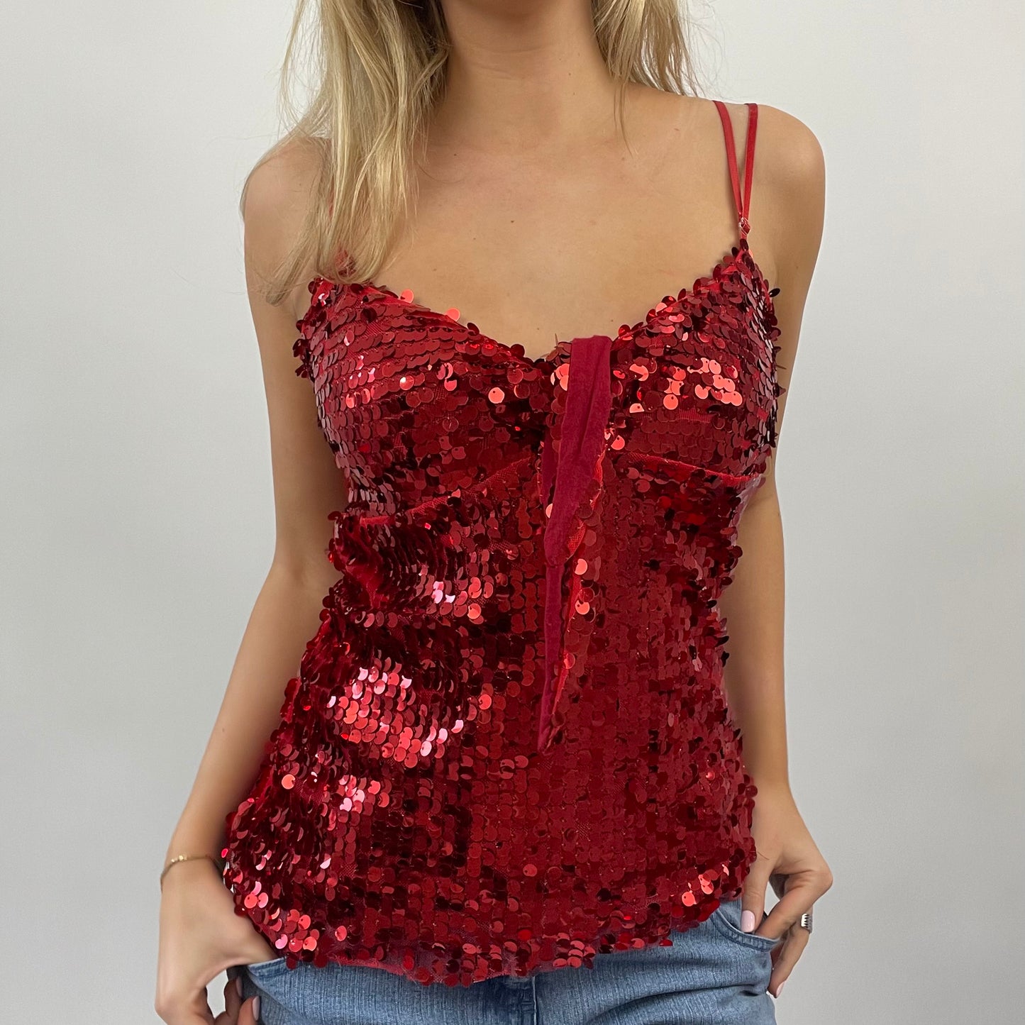 GALENTINES DAY DROP | small red sequin cami top with tie front detail