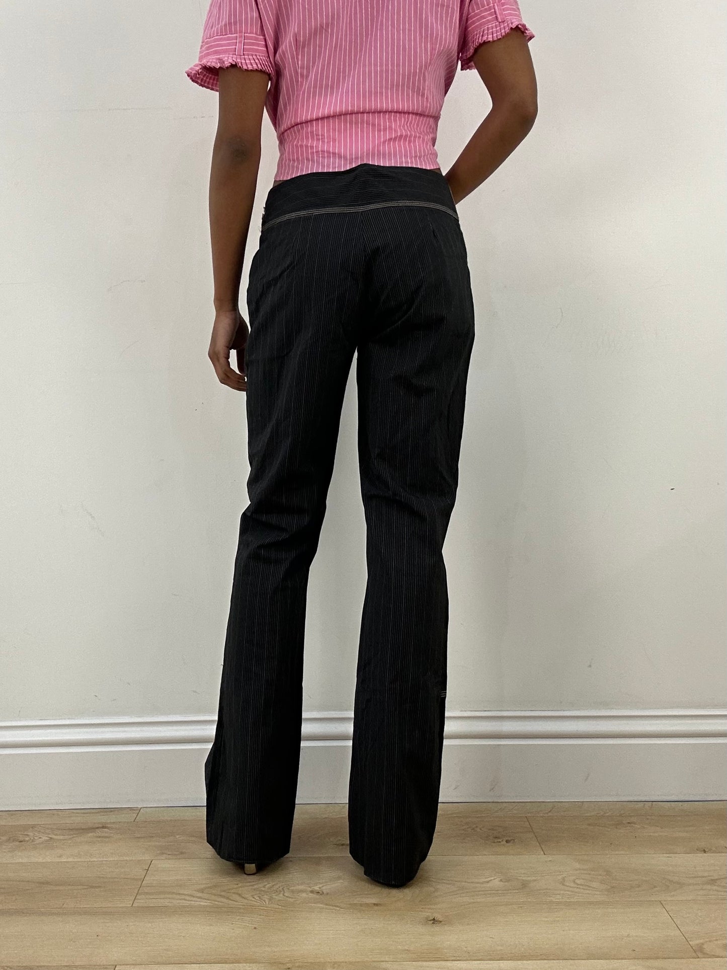 vintage edit: office siren | medium navy and cream pinstripe trousers