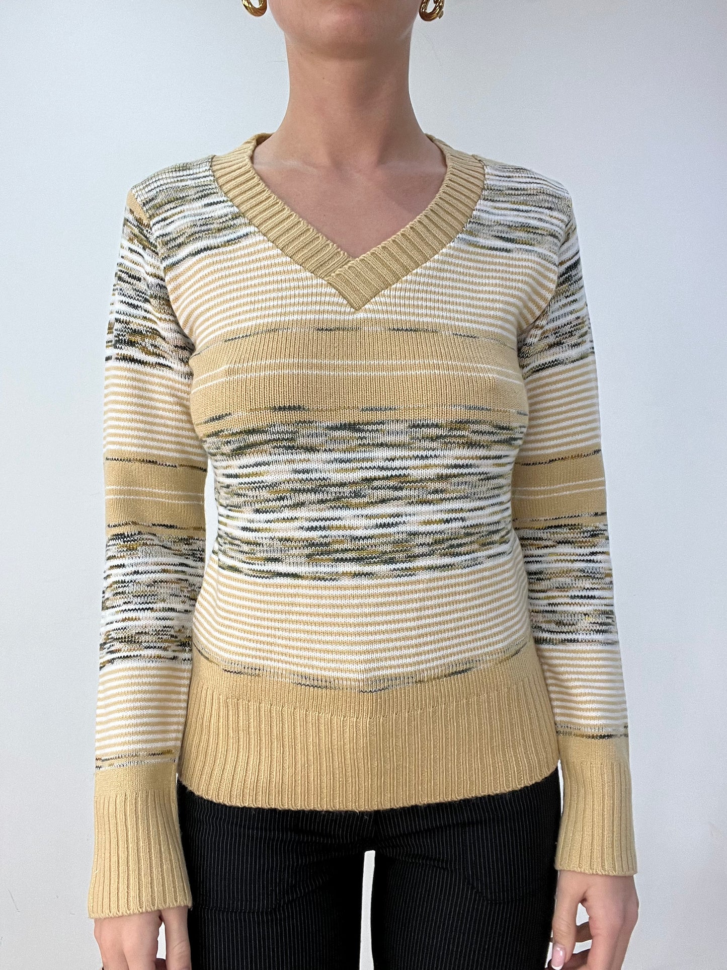 BEST PICKS | medium yellow and green striped v neck jumper