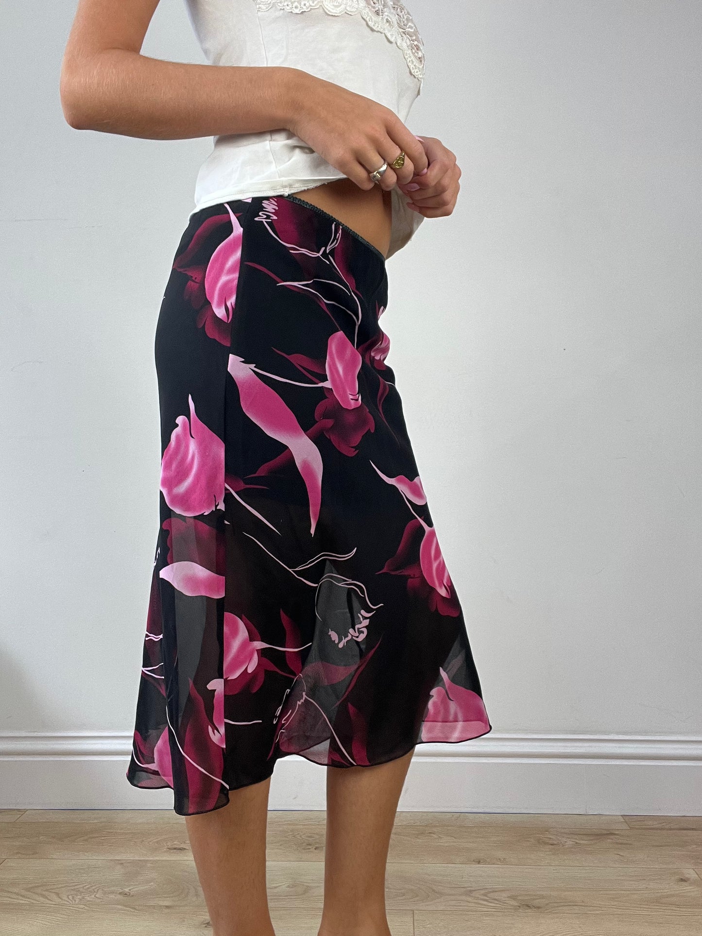 DINNER PARTY | small black semi sheer floral midi skirt