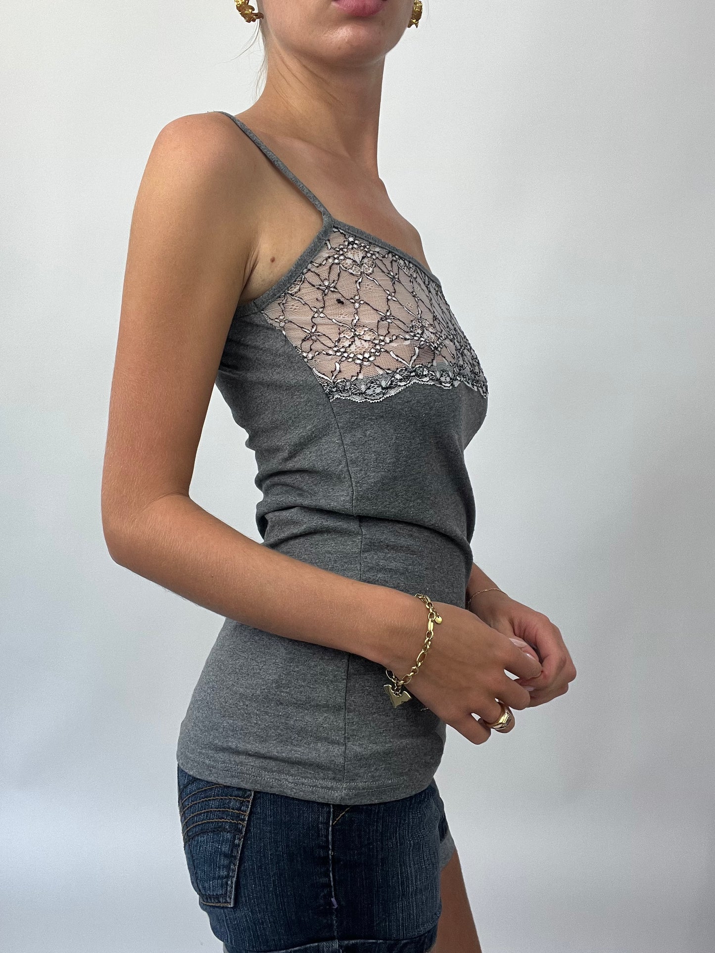 BRAT GIRL SUMMER DROP | medium grey cami with lace bust detail