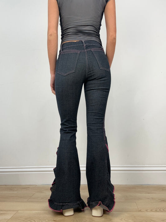 DATE NIGHT | medium dark wash flared jeans with pink stitching